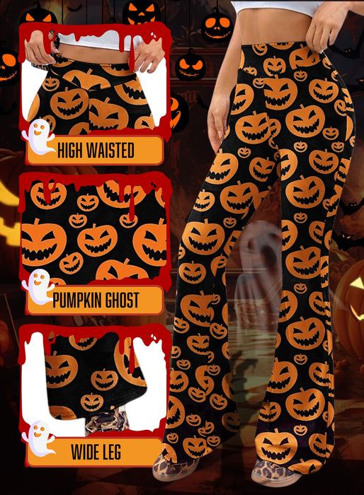 EVELUST Pumpkin Ghost Flare Pants for Women - Halloween Costume Trouser High Waist Bell Bottom Disco Leggings Rave Outfits