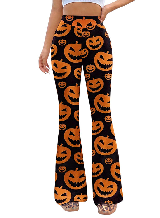 EVELUST Pumpkin Ghost Flare Pants for Women - Halloween Costume Trouser High Waist Bell Bottom Disco Leggings Rave Outfits