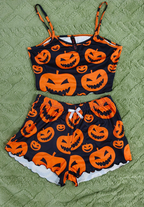 Ella Lust Women Pumpkin Print Pajama Set - Trim Crop Top High Waist Shorts Loungewear Cute Sleepwear