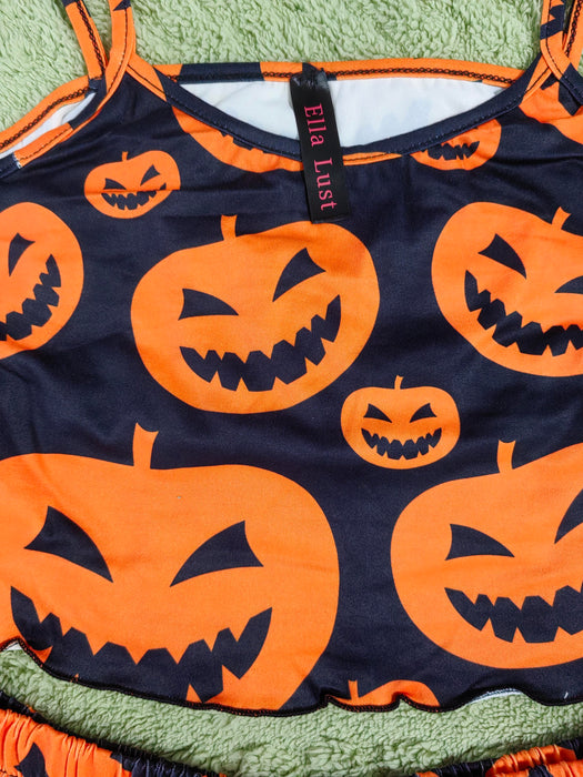 Ella Lust Women Pumpkin Print Pajama Set - Trim Crop Top High Waist Shorts Loungewear Cute Sleepwear