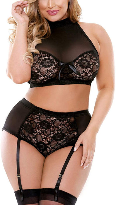 Plus Size Lingerie Set for Women Sexy See Thru Halter Lace Bra High Waist Panty Suspender 2 Pieces No Stockings