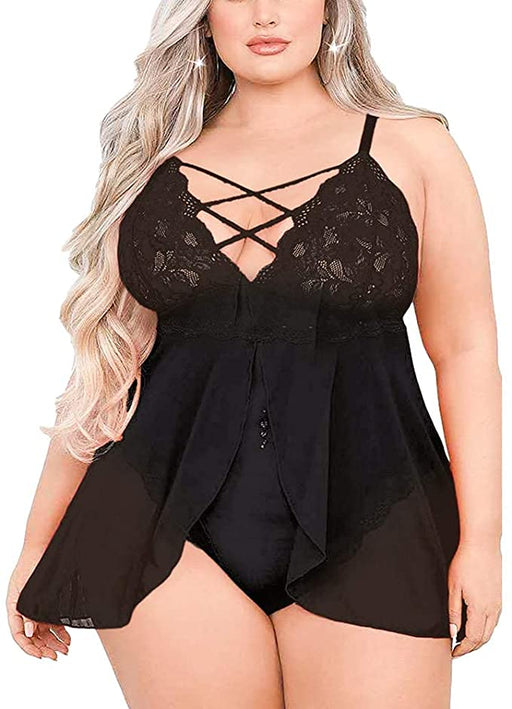 Plus Size Babydoll for Women Double Layer Elastic High Waist Teddy Chemise Comfy Floral Lace Lingerie