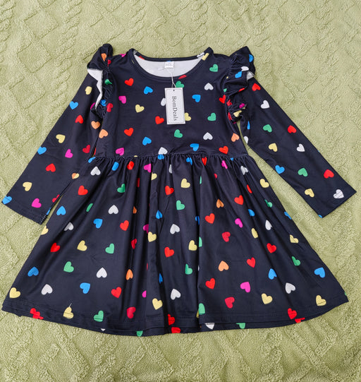 BomDeals Toddler Girls Valentine Dress - Cute Kids Rainbow Heart Print Casual Ruffle Long Sleeve Clothes Fall Winter Outfit