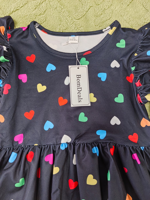BomDeals Toddler Girls Valentine Dress - Cute Kids Rainbow Heart Print Casual Ruffle Long Sleeve Clothes Fall Winter Outfit