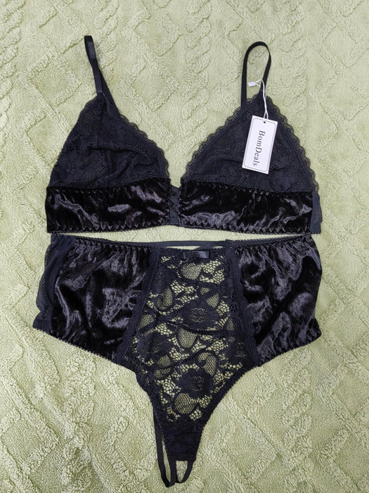 BomDeals  Women Valentines Lingerie Set - Sexy Plus Size Crushed Velvet Mesh Lace Up Exotic Halter Bralette High Waist Panty