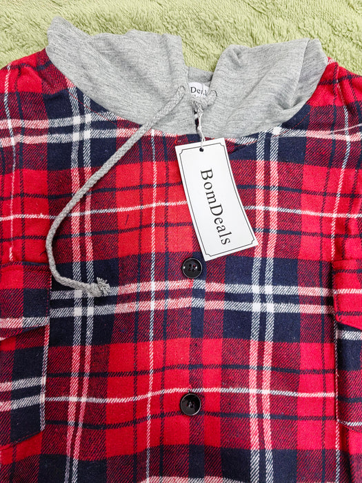 BomDeals Classic Plaid Cotton Hoodies for Women - Flannel Long Sleeve Button-Up Drawstring Shirt