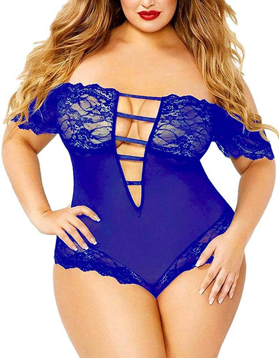 Plus Size Lingerie for Women, Sexy Off-Shoulder See Through Sheer Mesh Plunging Lace Trim Teddy