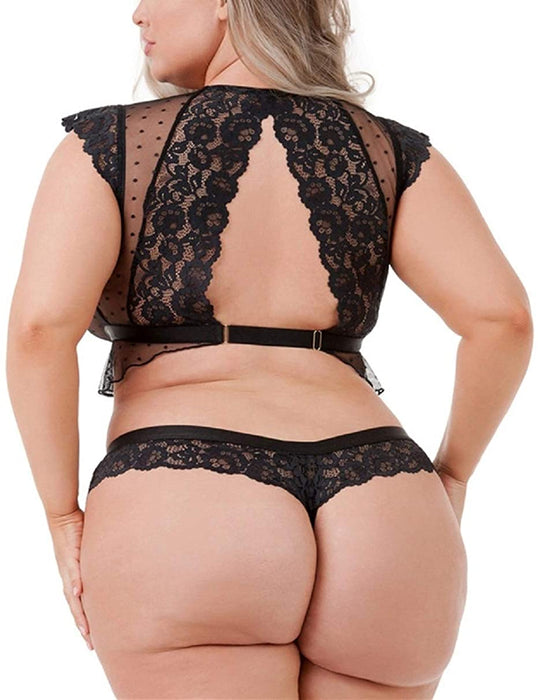 EVELUST Plus Size Lingerie for Women, 2 Piece Outfit Sexy Front-Open Backless Underwear Polka Ruffle Unwrap Bra and Panty