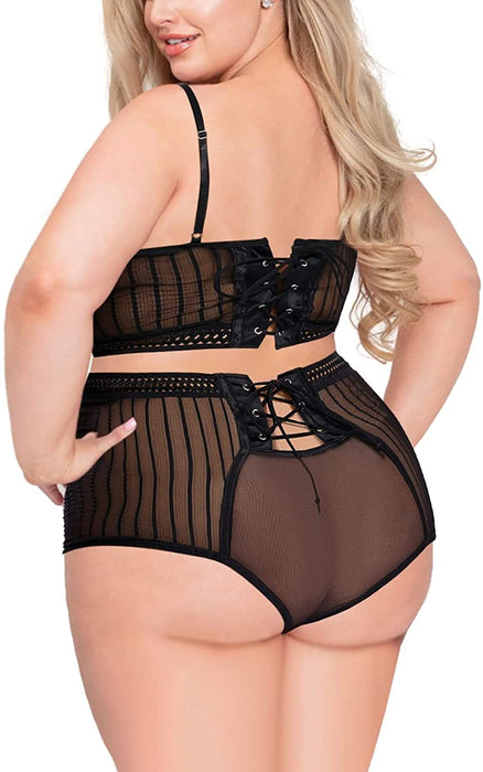 Women's Plus Size Lingerie, Sexy Lace Up Drawstring Strappy Underwire Eyelash Lace Cup Bra and High Waist Panty Set
