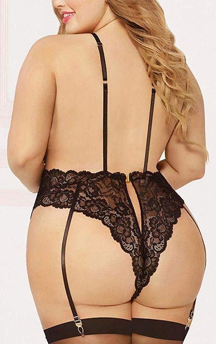 Plus Size Lingerie for Women, Twisted Keyhole Opening High Criss-Cross Plunging Lace Trim Teddy