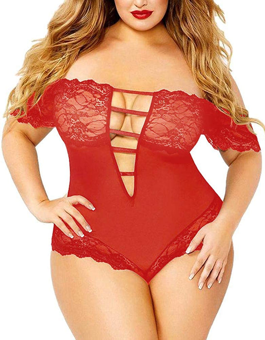 Plus Size Lingerie for Women, Sexy Off-Shoulder See Through Sheer Mesh Plunging Lace Trim Teddy