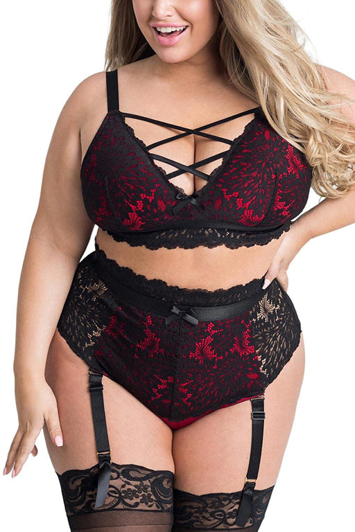 Plus Size Lingerie Set for Women, Sexy Luxe Criss-cross Bra Set Lace Cups Classic Underwear with High Waisted Suspender Thong