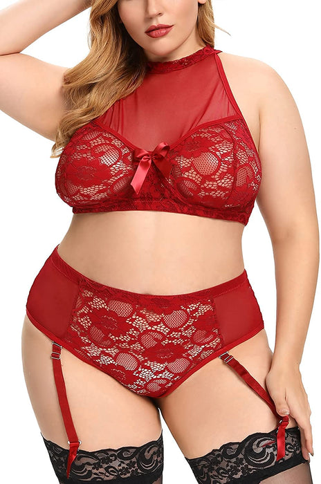 Plus Size Lingerie Set for Women Sexy See Thru Halter Lace Bra High Waist Panty Suspender 2 Pieces No Stockings